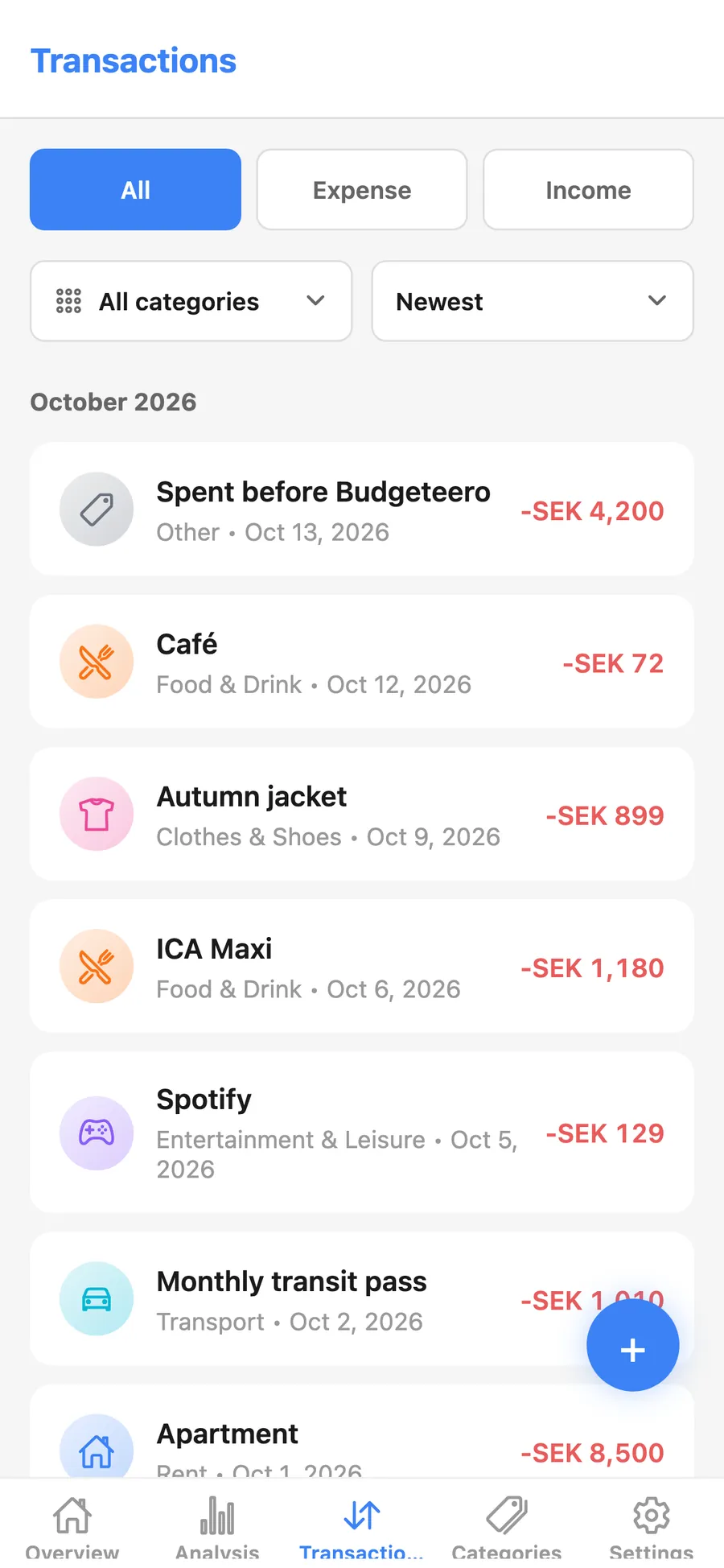 Transaction list for the month, newest first